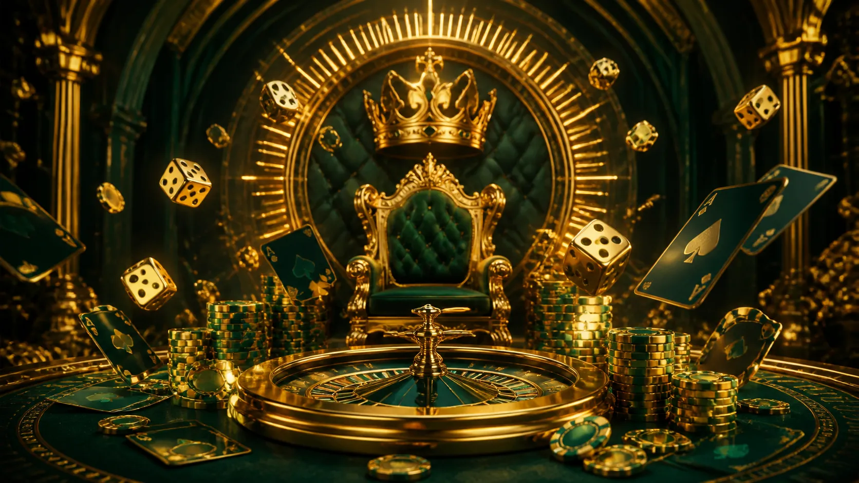 Luxurious casino-themed hero banner for Kingia, featuring poker chips, dice, and glowing elements in a regal setting.