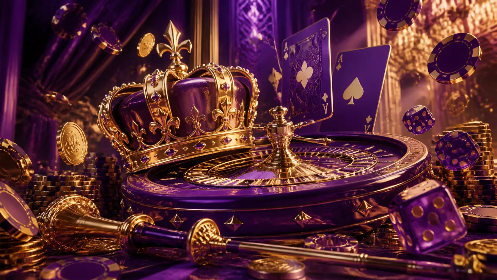 Luxurious casino scene with playing cards, poker chips, and slot reels in elegant 3D render